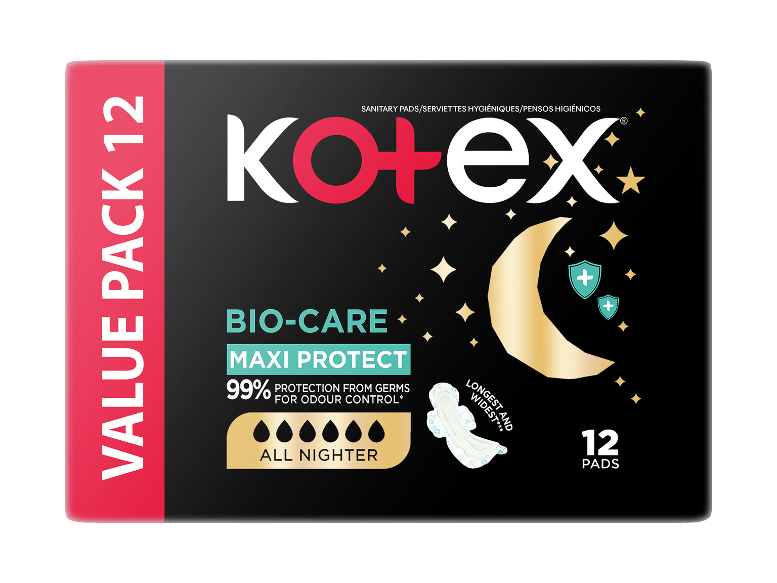 Kotex Bio Care Maxi Thick Pads All Nighter Plus Wings 12s product image